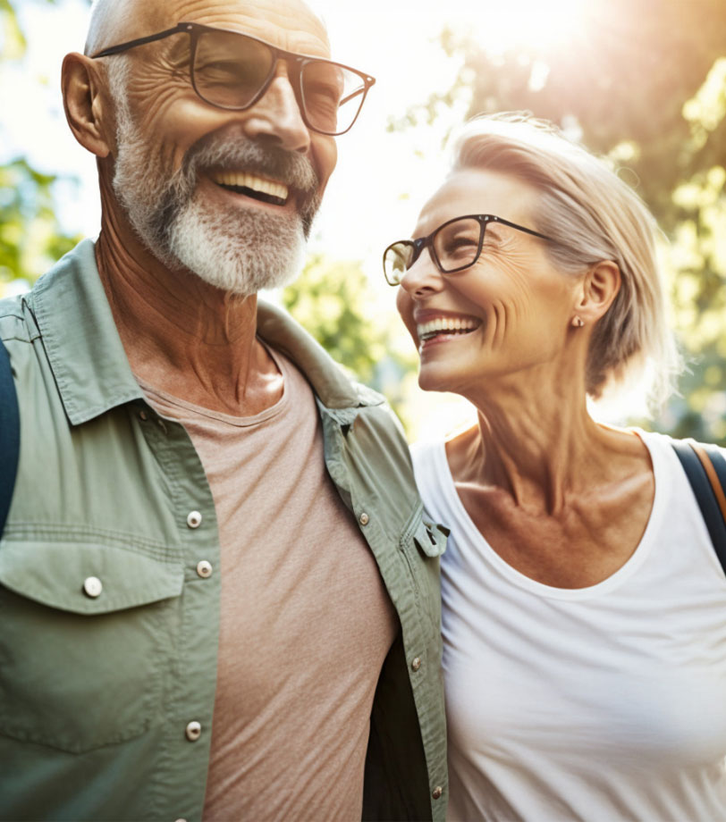 Smiling aged couple hiking in woods.